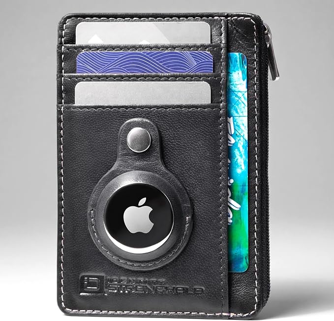 ID Stronghold RFID Blocking Front Pocket Wallet – Slim Minimalist Genuine Leather Wallet with Zipper Coin Pocket (Airtag Black)
