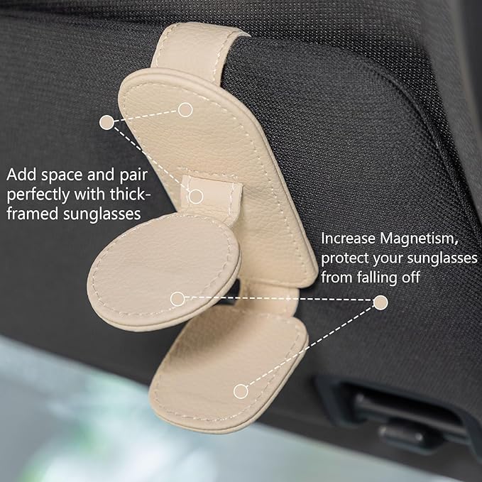 Konohan Sunglasses Holder for Car Visor Leather Eyeglass Hanger Magnetic Sunglasses Holder with 2 Clips(Beige)