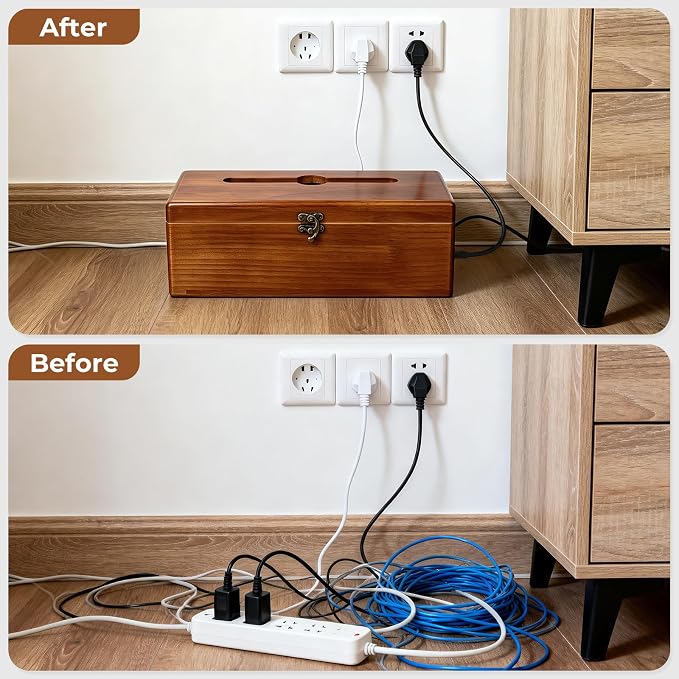 Cable Management Box with Latch, Soild Wood Cord Box with 4 Open Slots, Cable Box to Hide Cords and Power Strip