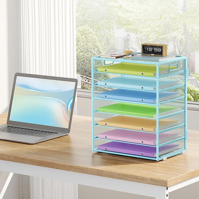 2 Pack 8 Tier Paper Organizer with Handle, Metal Mesh Desk File Organizer, Large Capacity Desk Organizers Paper Letter Tray Desktop Document Sorter for Office, Home or School - Blue