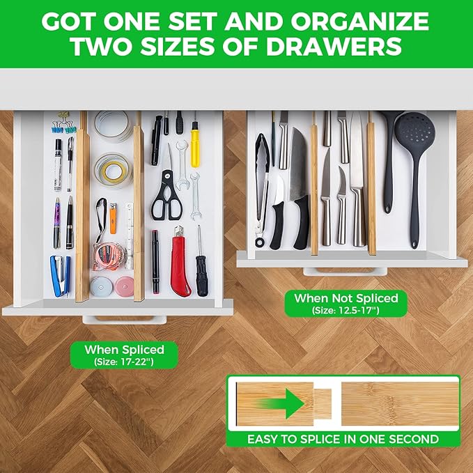 4 Pack Bamboo Drawer Dividers Organizer with Inserts 2.6'' High, Expandable from 12.5-21.7", Adjustable Drawer Organizer Separators for Utensils, Clothing, Office, Dresser, Bedroom, (Beige)