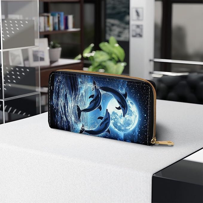 Womens Wallet,RFID Blocking Large Capacity Clutch,Zip Around Leather Purse with 8 Card Slots,Bill Compartments Coin Pocket - Cute Dolphin