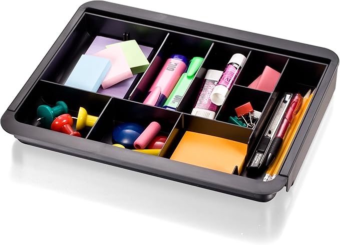 Officemate Expandable Drawer Organizer Tray, Adjustable 10.3"–16" Width, Customizable Compartments with Dividers, Recycled Plastic, Black