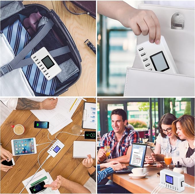 60W 12A 8-Port USB Charging Station - Multi Port USB Hub Charger with LCD Display - Compatible with iPhone, iPad, Samsung, Kindle, Tablet, Bluetooth Earbuds and More