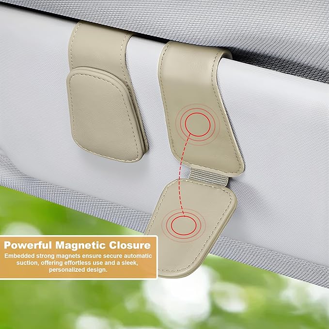 Sunglass Holder for Car, Magnetic Leather Car Sunglass Holder, Visor Sunglasses Holder Clip, Sunglasses Clip for Car Visor, Sunglass Holder for Ticket Card and Different Size Eyeglasses(1 Pack, Beige)