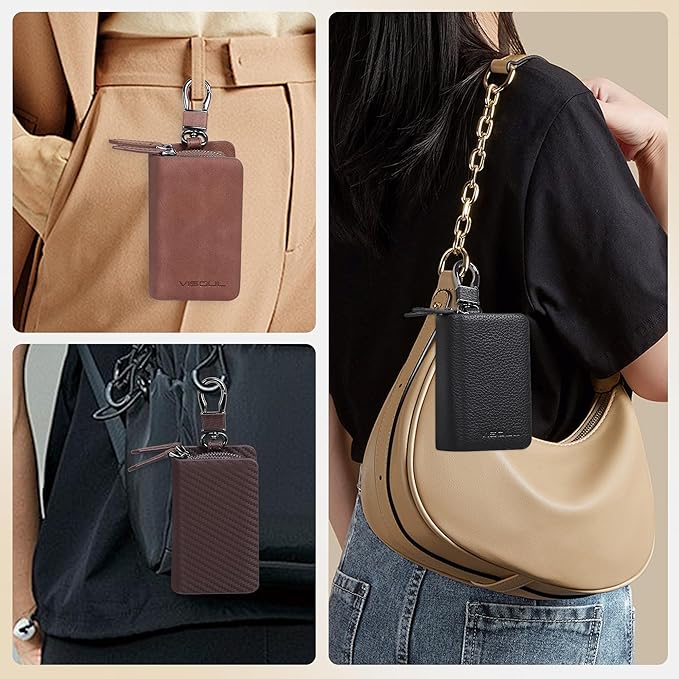 VISOUL Car Key Case Holder Double Zipper, Leather Car Smart Key Fob Case with Keychain for Men and Women