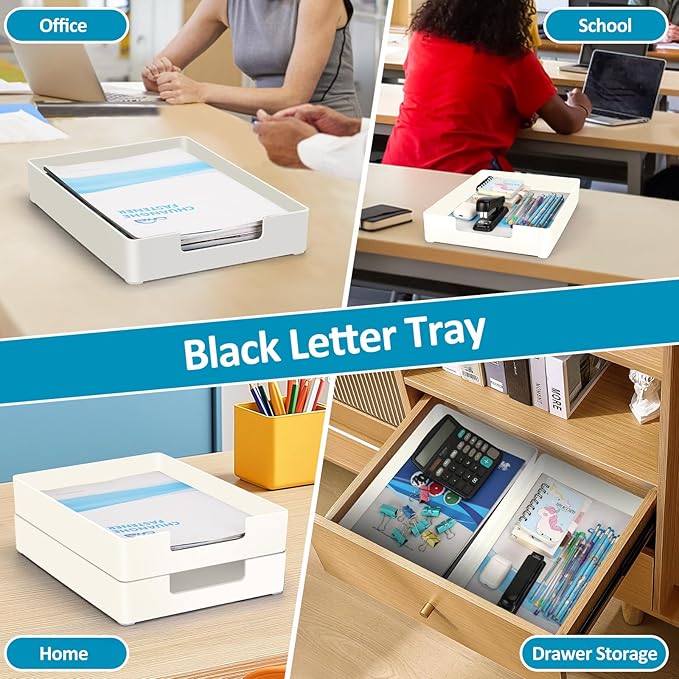 Desk Organizer Tray, 2-Pack A4 Letter-Size Tray, Plastic Printer Paper Holder, Rectangular Desktop Stackable File Holder for Office Supplies School Home, Mail Document Storage Containers (White)