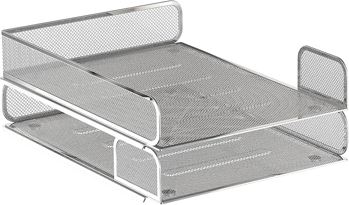 Steel Mesh Side Open Tray for Desk Organizer, 1 or 2 Directions, Stackable, Magnetic (Silver)