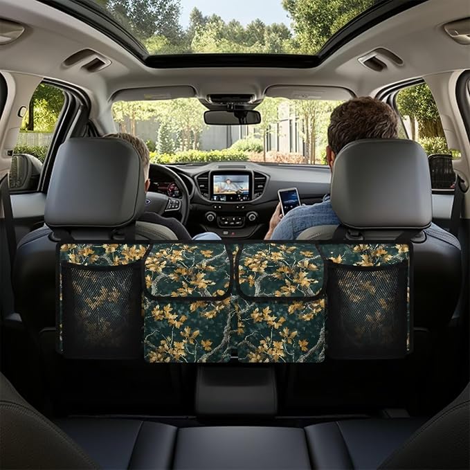 Green Branch Leaves Trunk Organizer For Car, Suv, Truck Adjustable Multi Pocket Collapsible Car Trunk Organizer Backseat Cargo Storage Bag With Securing Straps