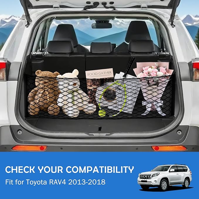 Envelope Style Cargo Net for Toyota RAV4 2013-2018 Accessories, Rear Trunk SUV Mesh Cargo Net, Upgraded 5mm Bungee & Double-Layer Nylon Storage Tailgate Netting Grocery&Tools Holder Organizer