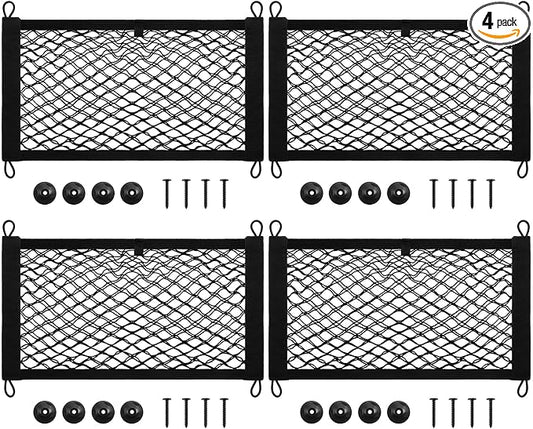 Frienda 4 Pcs Stretchable Small Cargo Net Pocket Boat Storage Mesh Net Elastic Automotive Storage Pouch with Mounting Screws and Hooks for Truck Car SUV Boats (21 x 9.8 Inches)