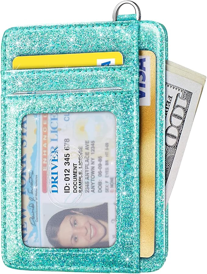 Coco Rossi Slim Front Pocket Wallet RFID ID Card Holder Cute Small Wallet with Keychian for Women,Glitter Teal