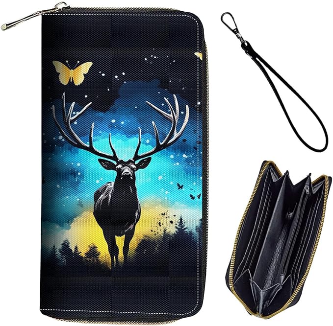 Bxgolkgd Womens Wallet, RFID Blocking Leather Wallet,Large Capacity Wallet Credit Card Holder PU Leather Ladies Clutch with Zipper Coin Pocket - Starry Night Deer