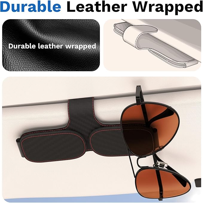 BFXM Sunglass Holder for Car Double Clip, Sunglasses Clip for Car Visor, Magnetic Leather for Car Visor, Cars Sun Visor Ticket Card Clip, Car Visor Accessories