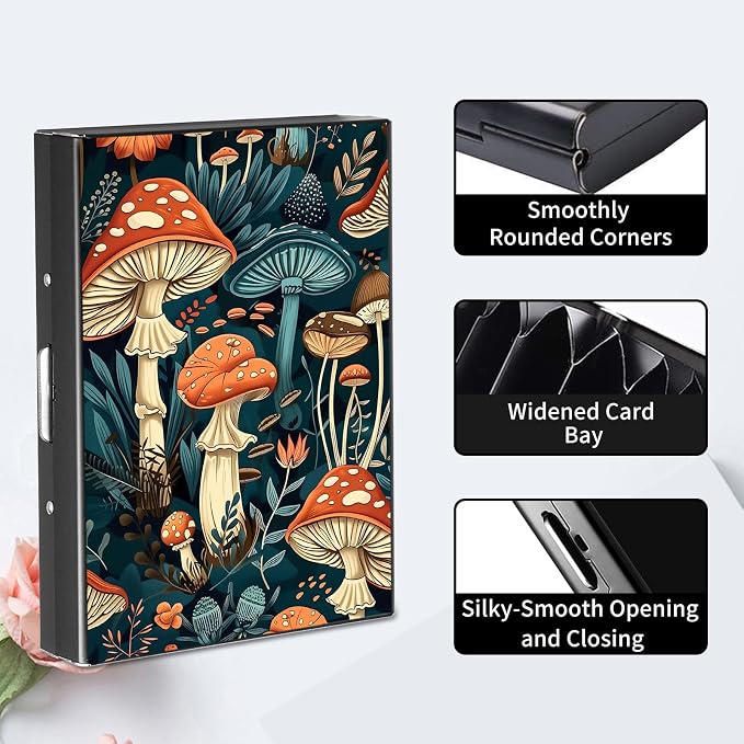 RFID Metal Wallet Credit Cards Holder Slim Mini Business Card Holder Metal ID Case Gift for Men Women,Mushroom Garden