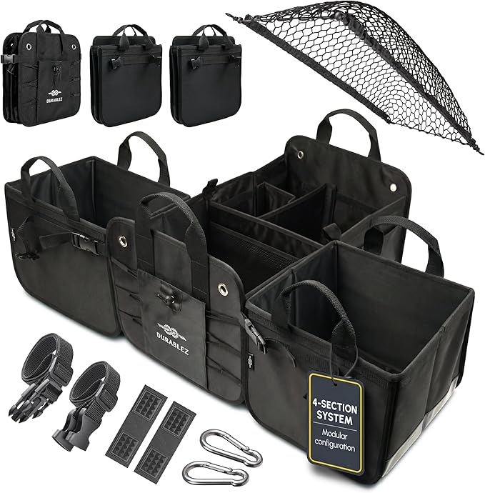 XL Modular Trunk Organizer System – 4 Section Extra Large Car Cargo Organizer for SUVs, Trucks & Cars – Foldable Multi-Compartment Storage, Heavy Duty 1680D Oxford – Black
