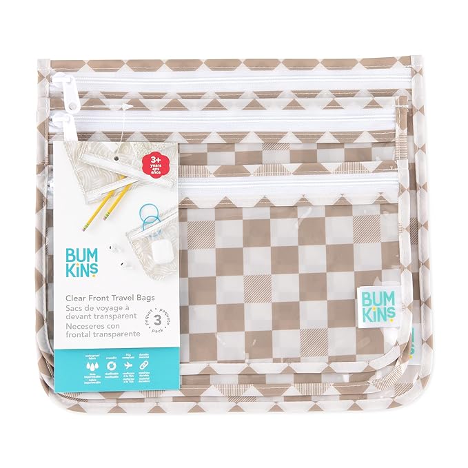 Bumkins Roamio Travel Bag, Toiletry, TSA Approved Pouch, Zip Quart Size Airline Compliant, Clear-Sided, Baby, Diaper Organization, Makeup, Accessories, Packing, Set of 3 Sizes, Beige Check