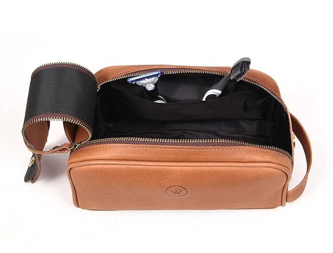 10" Premium Leather Toiletry Travel Pouch With Waterproof Lining | King-Size Handcrafted Vintage Dopp kit By Aaron Leather Goods (Buckthrown Brown)