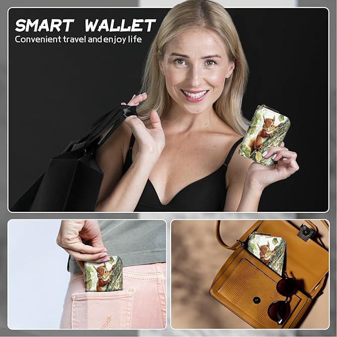 Cute Credit Card Holder with Zipper, Squirrel RFID-Blocking Card Case Small Wallet for Women Men, Multi-slot Card Organizer Case Travel Accordion Wallet