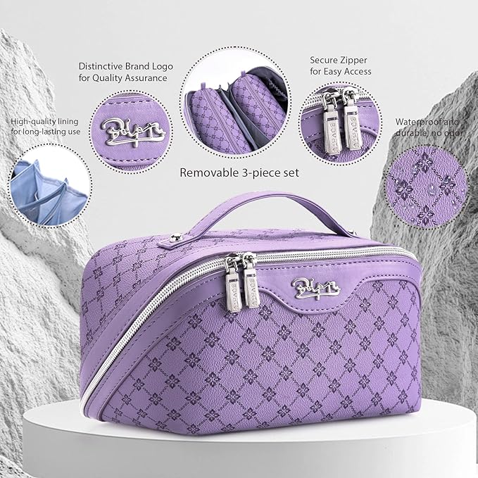 BOYATU Travel Makeup Bag Cosmetic Bags for Women: 3 Pcs Set Large Capacity Make up Bag with Handle - Vegan Leather Toiletry Bags with Compartments - Makeup Organizer for Travel Essentials(A-9-Purple)