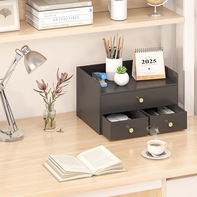 Bamboo Desk Organizer - Stackable, No Assembly Required, Ideal for Office/Home Use - Perfect for Toiletries, Stationery, Accessories. (Black, Fence three Desk Organizer)