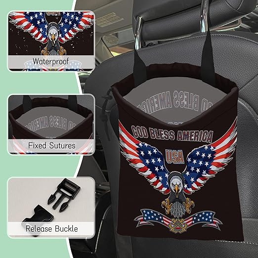 Bald Eagle Car Trash Bag,American Flag Hanging Drawstring Car Garbage Bag, Waterproof Canvas Car Back Seat Organizer with Adjustable Buckle, for Vehicles, SUVs, Camping, Road Trips