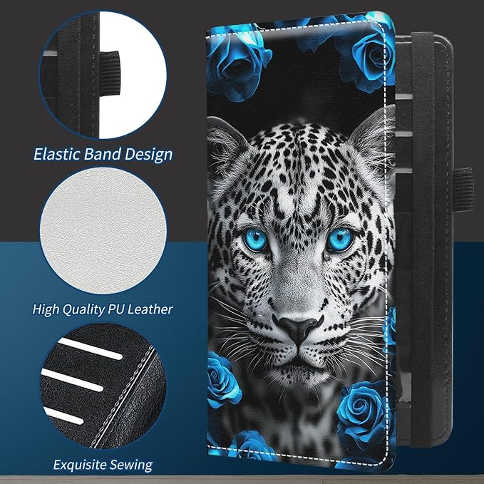 Check Book Cover for Personal Checkbook with Duplicate Checks for Women's & Men PU Leather Wallets Check Book Holder with Pen Card Slots Elastic Strap,Leopard And Rose
