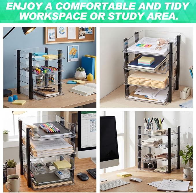 SiliFine 4 Tier Clear Stackable Desk Organizer 12.68 x 10.47 x 12.91 Inch Plastic Letter File Trays Rectangular Paper Storage Holder for Office Desktop Document Classroom Hospital(Black)