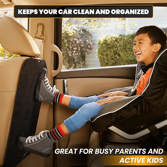 EcoNour 2 Pack Large Back Seat Protector for Kids Feet | Premium Waterproof Kick Mats | Durable Black Backseat Cover for Child to Protect from Dirt, Mud & Scratches | Automotive Travel Accessories
