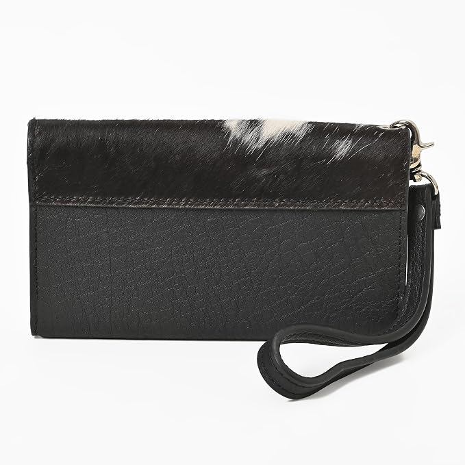 Merbaa Leather Wallet for Women, Wristlet Bifold Card Cash Phone Wallet Ladies Cowhide Hair-On Travel Clutch Purse, Slim Bifold Organizer with Card Slots, Zip Coin Pocket & Magnetic Closure, Black