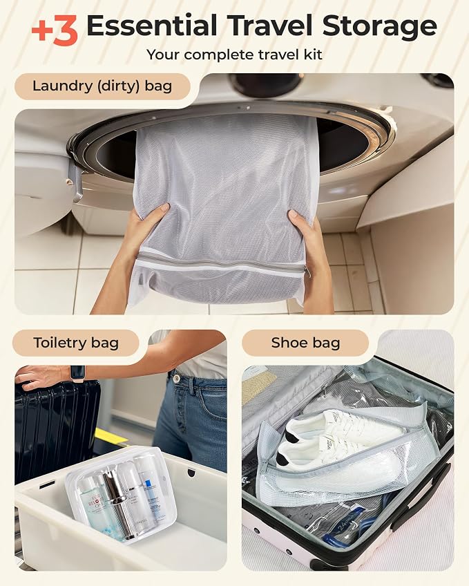 BAGSMART Vacuum Seal Storage Bags for Clothing Travel, 21 Pack Travel Essentials Bundle includes Laundry Bag & Waterproof Shoe Bag & TSA Approved Toiletry Bag, Hand Pump Included