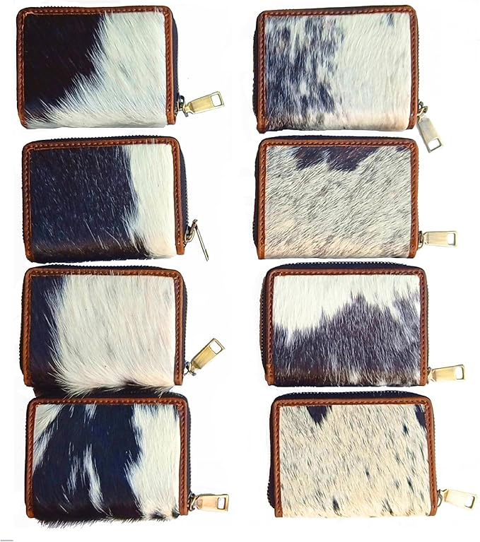 ESS Cowhide Leather Hair-On Wallet Women Small Zip Accordion Card Holder RFID Compact Organizer with Coin Pocket Secure Zipper Stylish Gift Pouch Minimal Everyday Carry