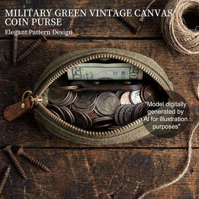 Gexmil Coin Purse with Zipper, Pure Premium Cotton, Mini Coin Pouch for Women Men, Change Wallet,Army Green