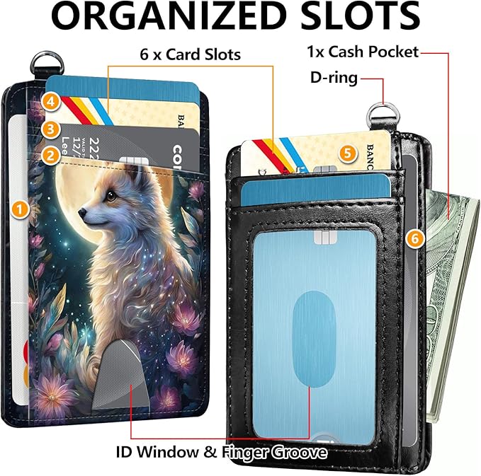 Slim RFID Blocking Card Holder Wallet with Wrist Strap - Minimalist Front Pocket Wallet, Fox Moon Design, PU Leathe, for Men & Women, Ideal for Travel & Gifts