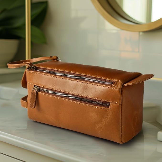 LEATHER VILLAGE Genuine Leather Travel Toiletry Bag - Water-Resistant Dopp Kit for Toiletries, Large Shaving Bag & Bathroom Organizer - Gift for Men & Women - Tan Brown