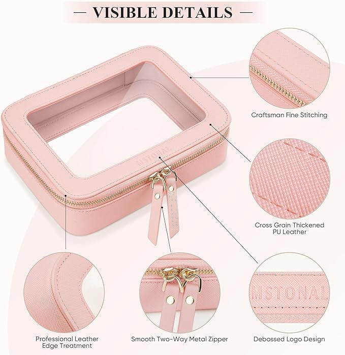 Clear Makeup Bag, Travel Toiletry Bag Cosmetic Case for Women, Waterproof Portable Make Up Skincare Pouch with Zipper, Compact Car Organizer Bag for Essentials, Mini & Medium, Pink