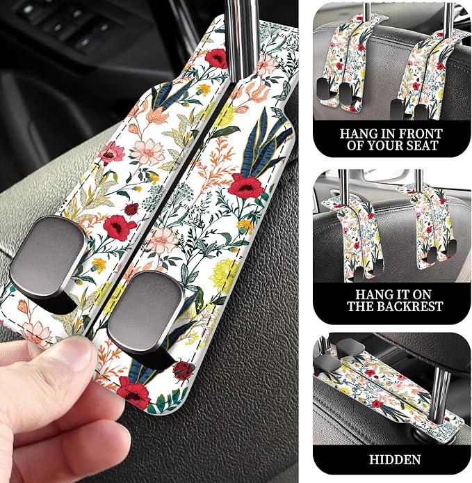 PU Leather Car Seat Hook, Storage Headrest Hanger, Cute Car Backseat Organizer, Car Hooks For Purses and Bags Colorful Wildflowers White