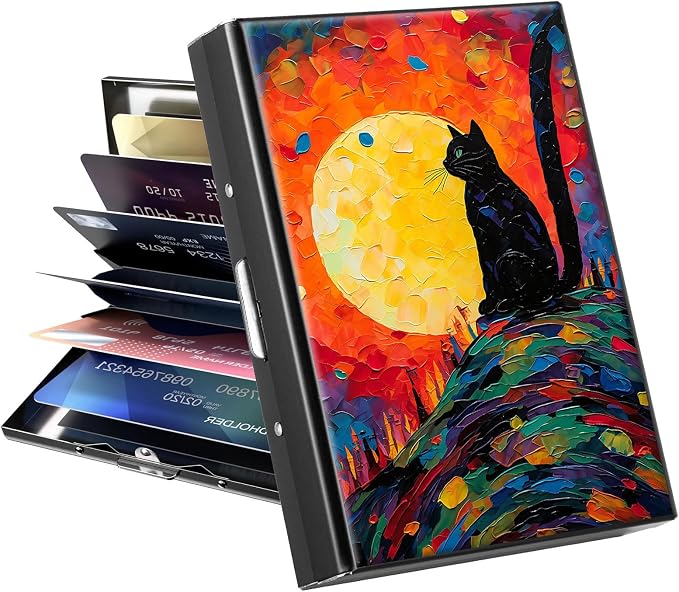 Metal Wallet for Women Men Girls, RFID Blocking Slim Aluminum Credit Card Holder, Mini Travel Wallet with Hard Shell, Lightweight ID & Business Card Case,Art Black Cat Sun