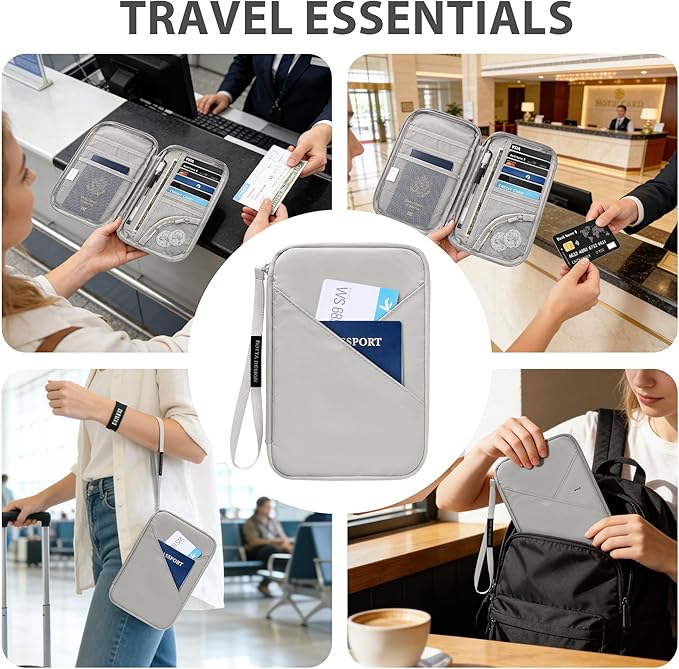 Veki Passport Holder for Travel Women Family, Passport Wallet Bag, RFID Travel Document Organizer, Waterproof Passport Holder for Men, Portable Case for Cards, Cash, Tickets, ID (Gray, L)