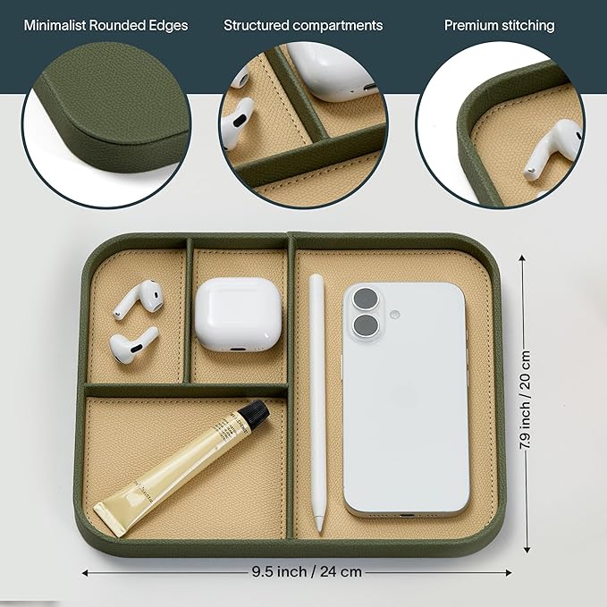 Nordik Leather Valet Tray - Moss Green - 9.5 x 7.9 Inch Medium Vegan Leather Tray - Stylish Nightstand Organizer for Men - Modern Bedside Caddy - EDC Catchall for Key Watch Wallet Jewellery