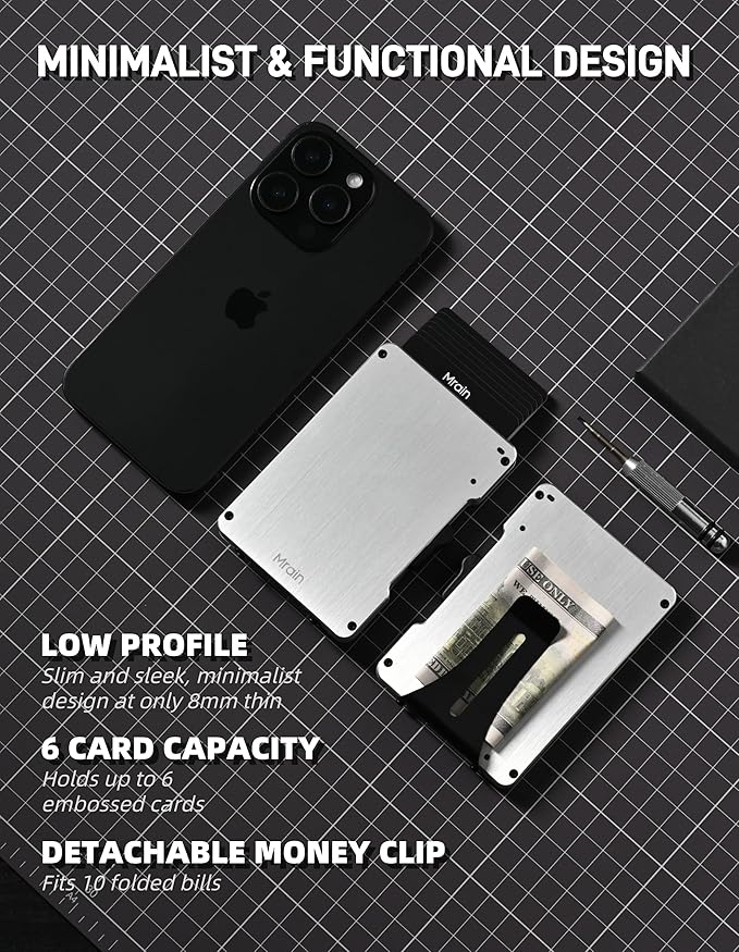 Slim Metal Wallet For Men, Aluminum Wallet With Money Clip, Minimalist Rfid Credit Card Holder, Mens Slim Pop Up Wallet, Gifts for Him (Brushed Silver)