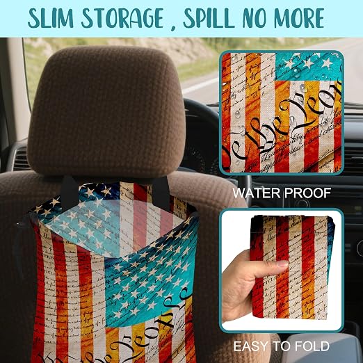 We the People Car Trash Bag American Flag Hanging Drawstring Car Organizer and Storage Bag with Adjustable Buckle Canvas Garbage Bin for Back Seat or Hanging Headrest Car Decor Road Trip Essentials