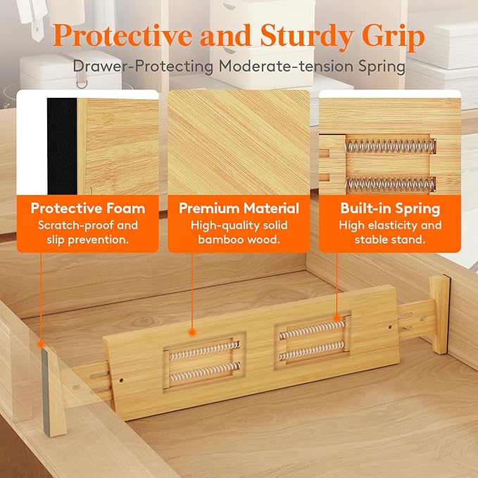 Lifewit 4" High 8 Pack Bamboo Drawer Dividers 43-54cm/17-21.5" Adjustable Wooden Drawer Organizer for Clothes/Utensils, Expandable Drawer Separator for Dresser/Kitchen/Bedroom/Office Organization