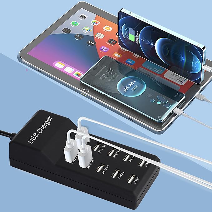 50W USB Charging Station with 10-Port Family-Sized Smart USB Ports for Multiple Devices - Smart Phone, Tablet, Laptop Computer - for iPhone 15/14/13 Black