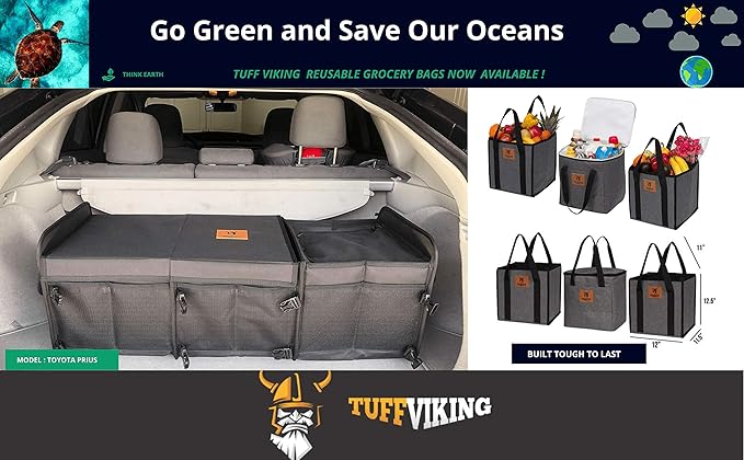 Tuff Viking Convertible Large 3 Compartment SUV Trunk Organizer with Cover | Truck Bed Organizer | for Trucks, Cars, SUVs and Groceries with Tie Down Straps. (6 in 1 with Cover, Black)