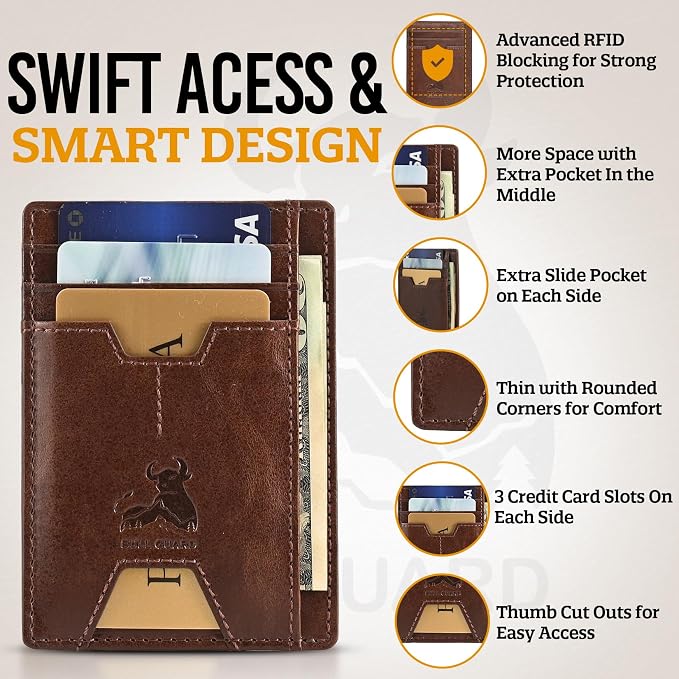 BULL GUARD Mens RFID Blocking Leather Slim Card Case Wallet with Easy Access ID windows, Cash & Card Slots, Crafted with Premium Top Grain Leather Ideal for Travel or Everyday Use (Forest Brown)