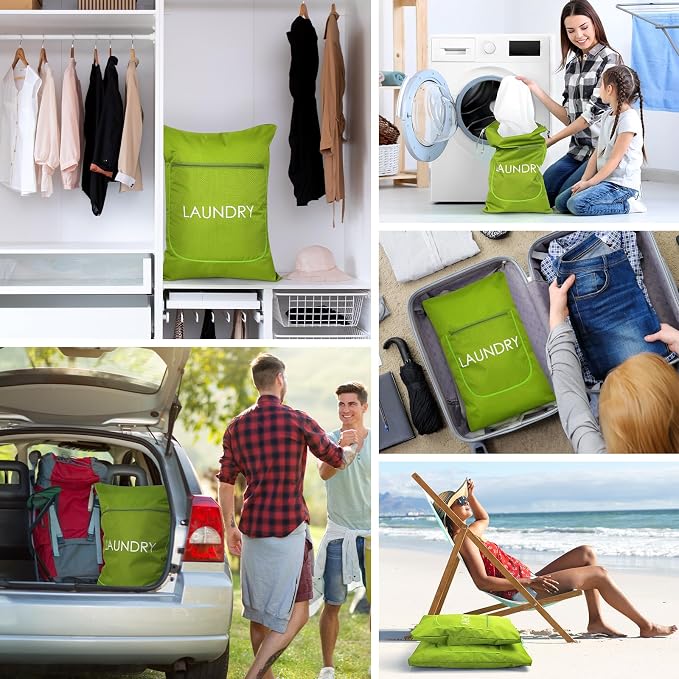 Weesiber 2 Pack Laundry Bags - Foldable Travel Dirty Clothes Organizer with Zipper, Washable Wet Dry Bag for Gym, Swimming, Yoga, and Workout Bathing Suits (Green, Small+ Large)