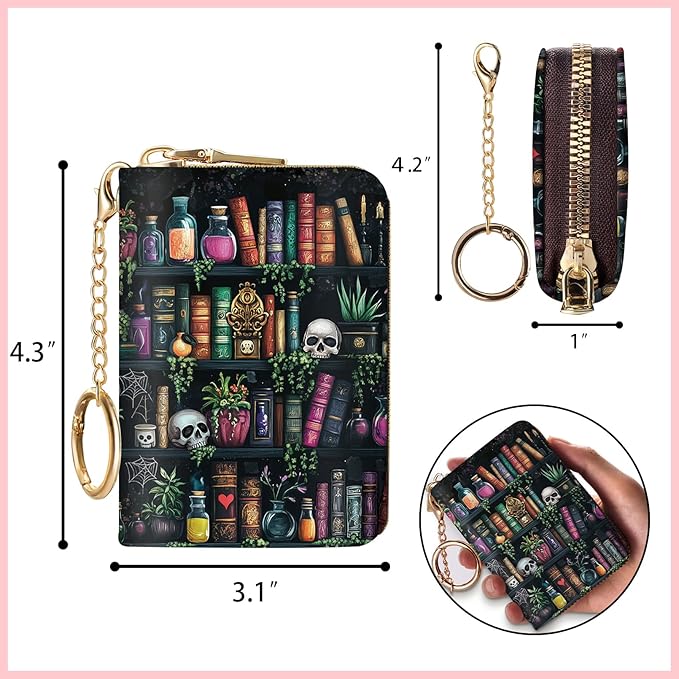 Blusabaca Bookshelf and Skull Skeleton Goth Gothic Credit Card Holder for Women, Small RFID Wallet with Zipper, Card Keychain Wallet, PU Leather Card Case, Business Blocking Accordion Wallet Gift