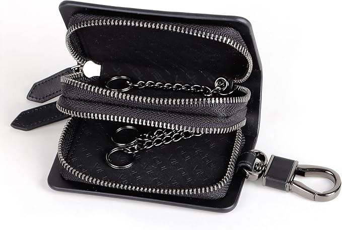 VISOUL Car Key Case Holder Double Zipper, Leather Car Smart Key Fob Case with Keychain for Men and Women
