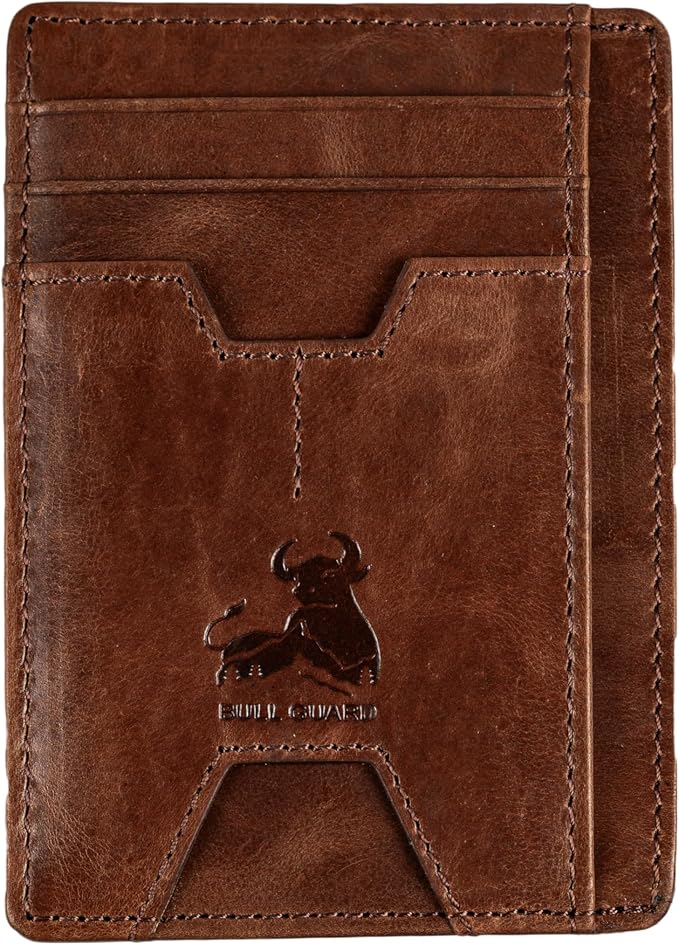 BULL GUARD Mens RFID Blocking Leather Slim Card Case Wallet with Easy Access ID windows, Cash & Card Slots, Crafted with Premium Top Grain Leather Ideal for Travel or Everyday Use (Forest Brown)
